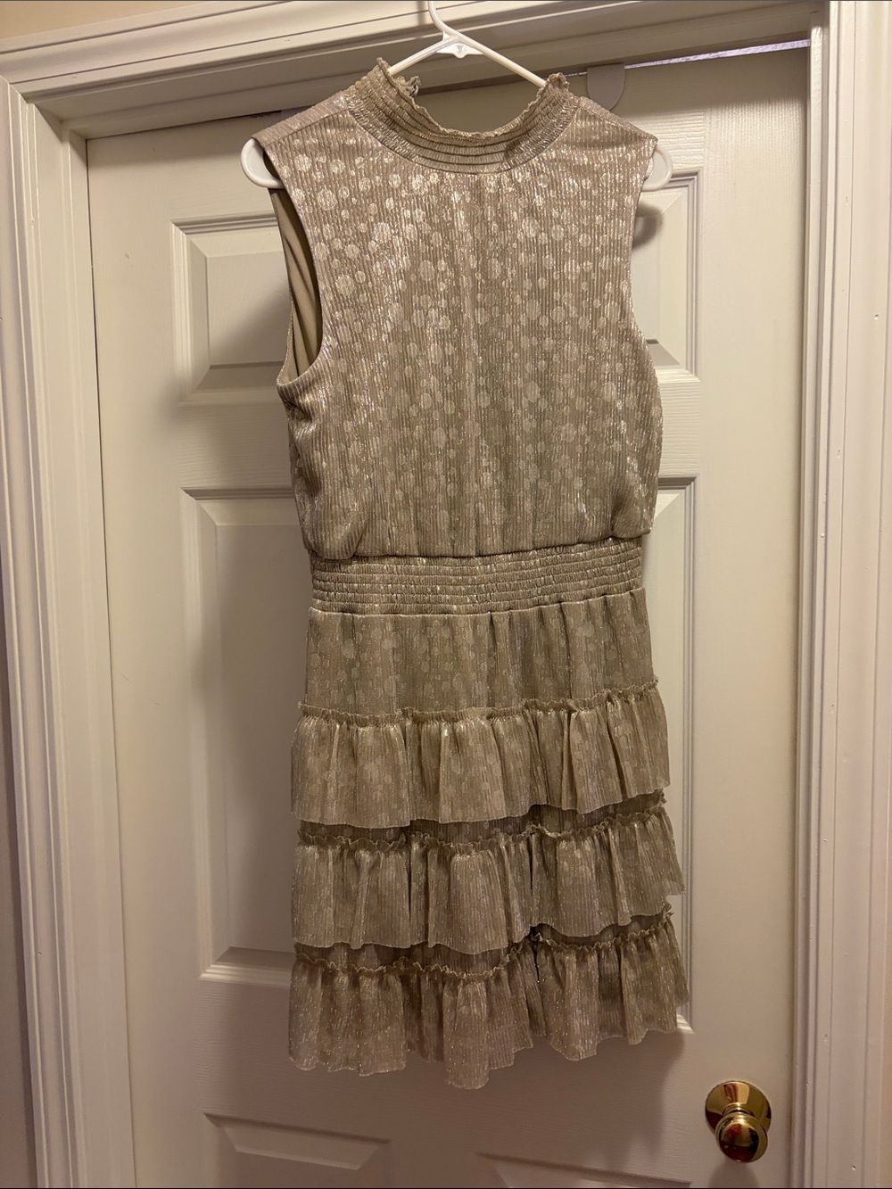 1. State Champagne Metallic Mock-Neck Ruffled Mini Dress